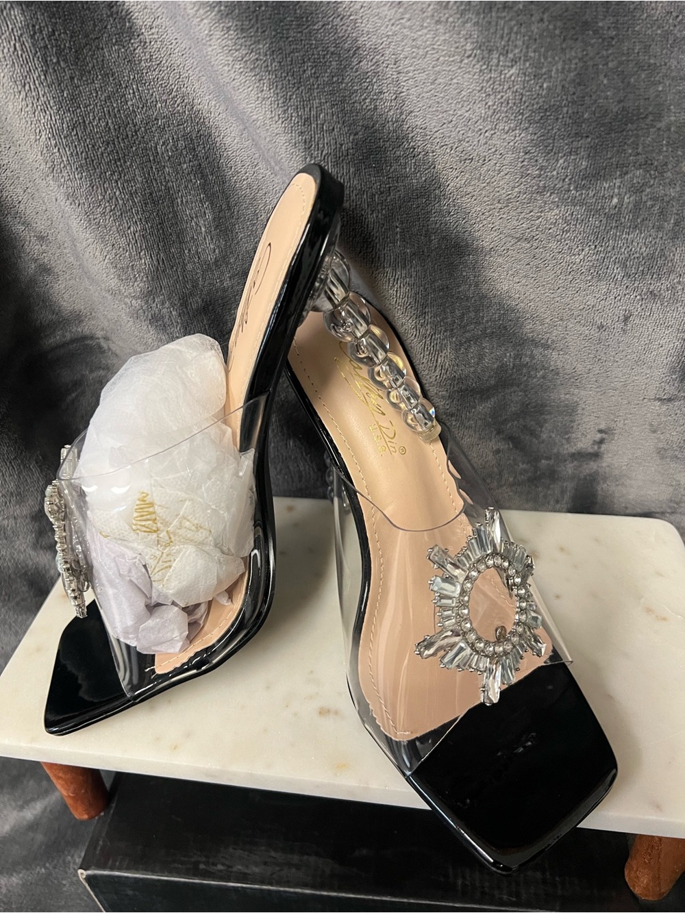 Cathy Din USA Black and Clear Crystal-Embellished Mule Heels size 8
